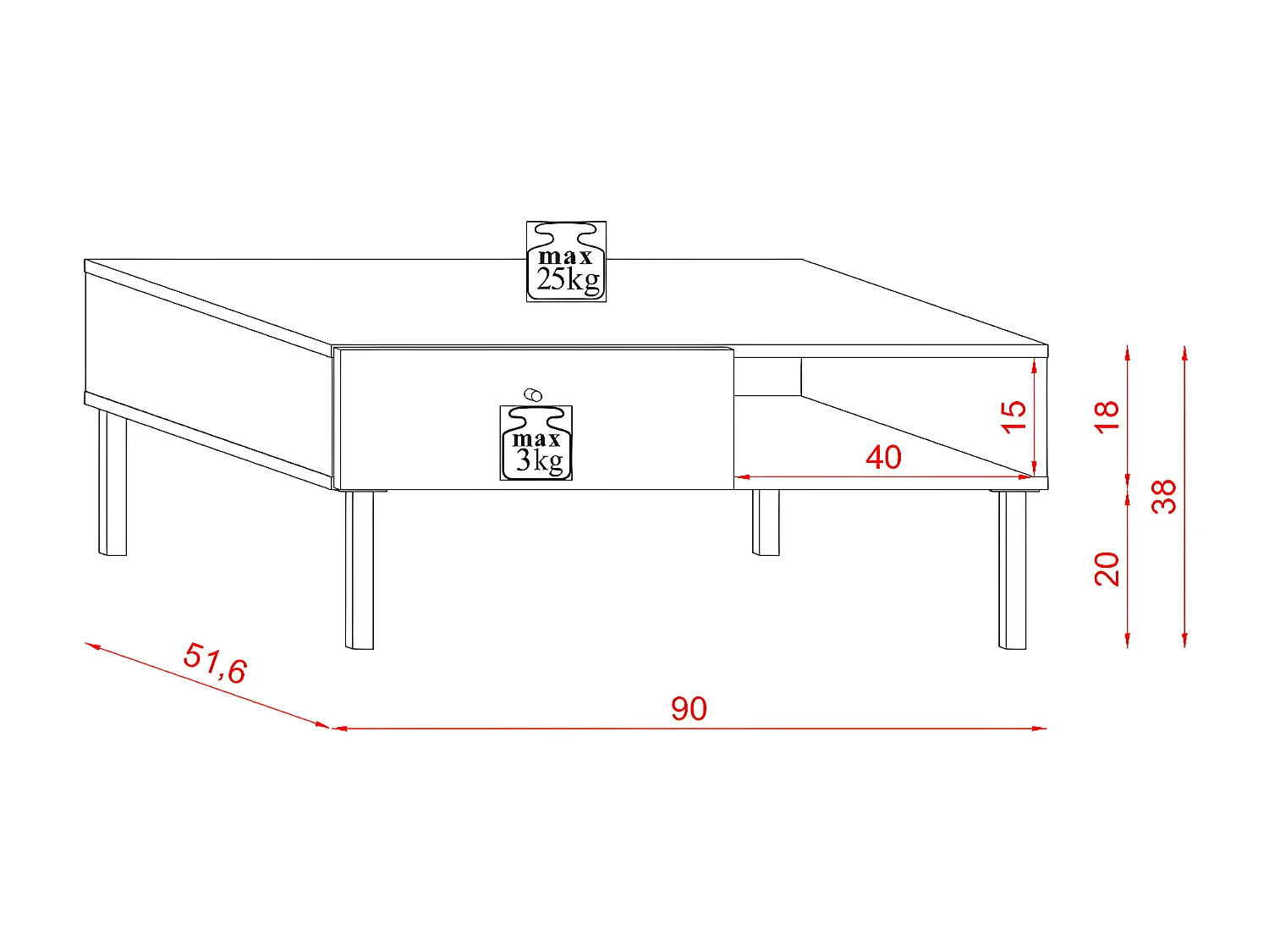 Mesa de centro 1 cajón 1 balda 90 cm