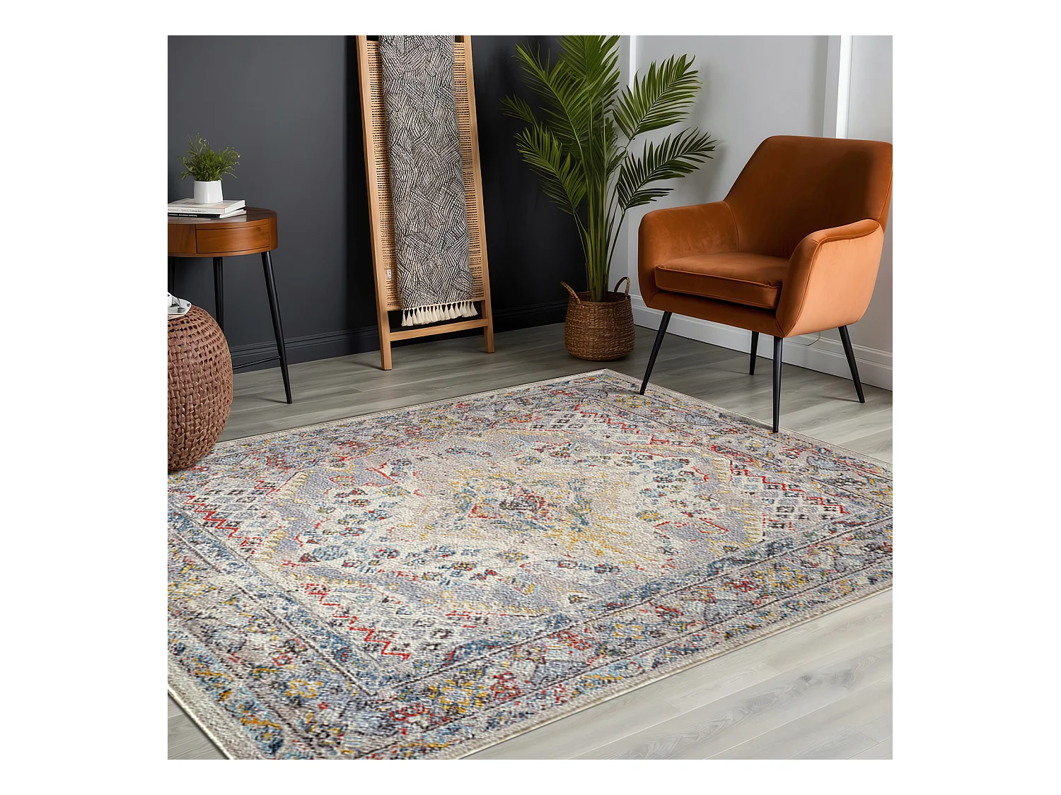Tapis Vintage Lavable en Machine - Gris/Jaune - 120x170cm - ESTHER
