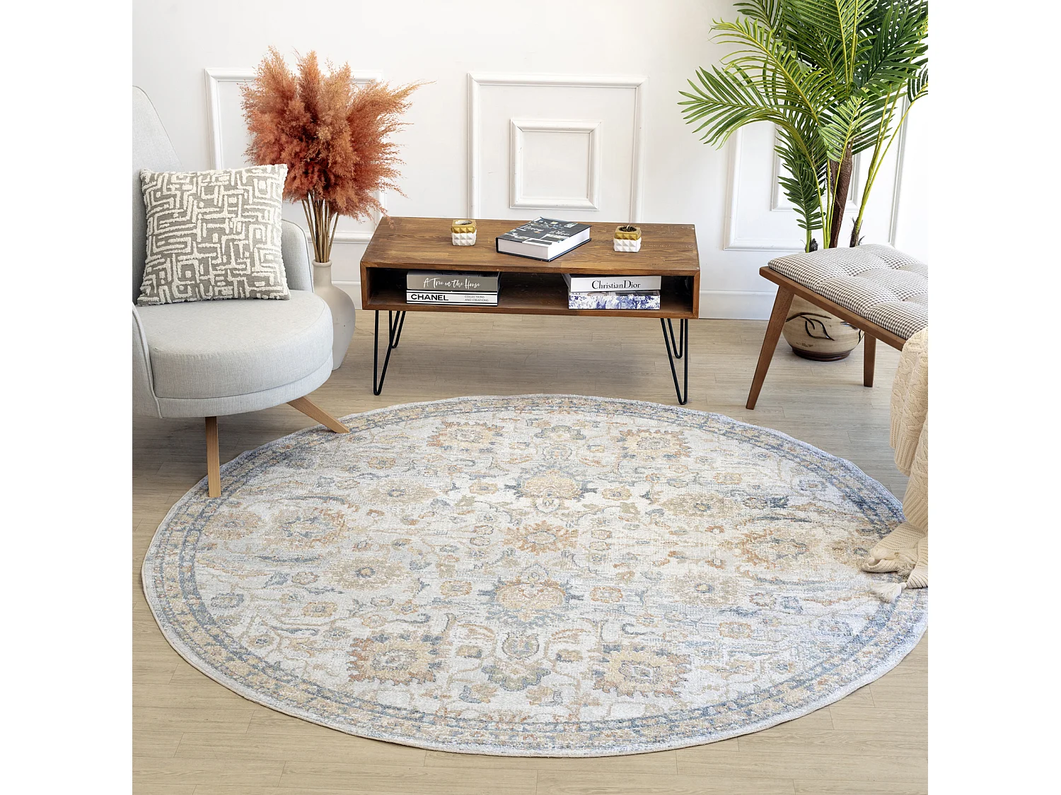 Rond Afwasbaar Vintage Tapijt - Grijs/Geel - Ø 200cm - ESTHER