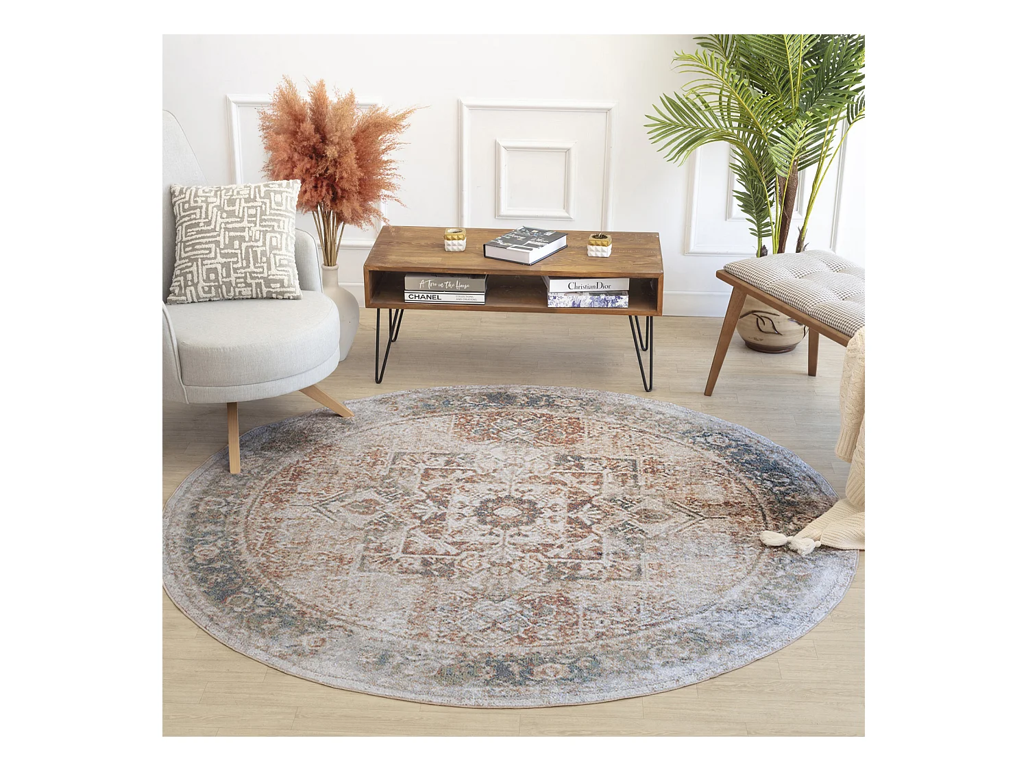 Rond Afwasbaar Vintage Tapijt - Bruin/Ivoor - Ø 200cm - ALORA