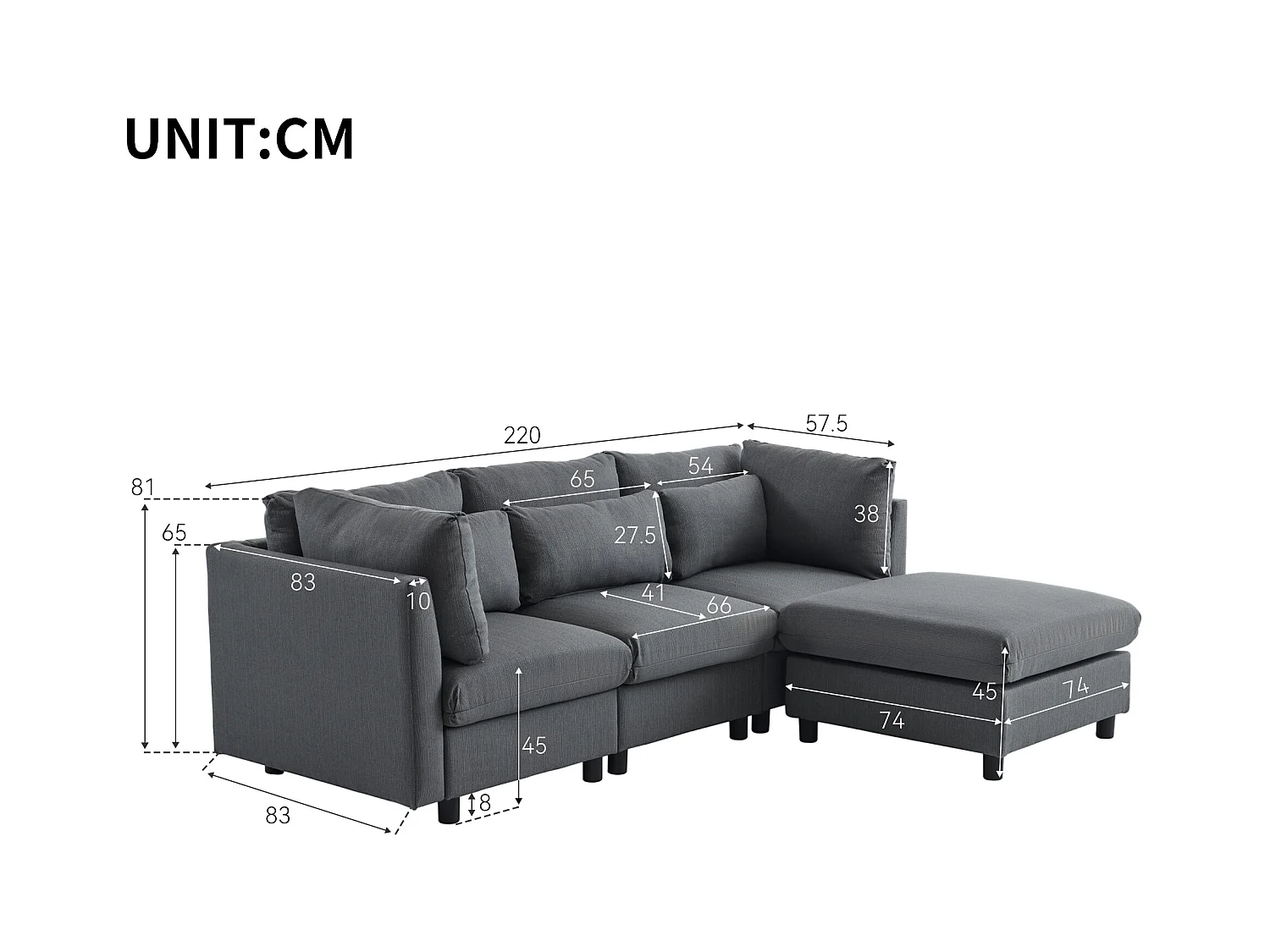Canapé d'angle 3 places avec repose-pieds amovible - super moelleux et doux - Gris