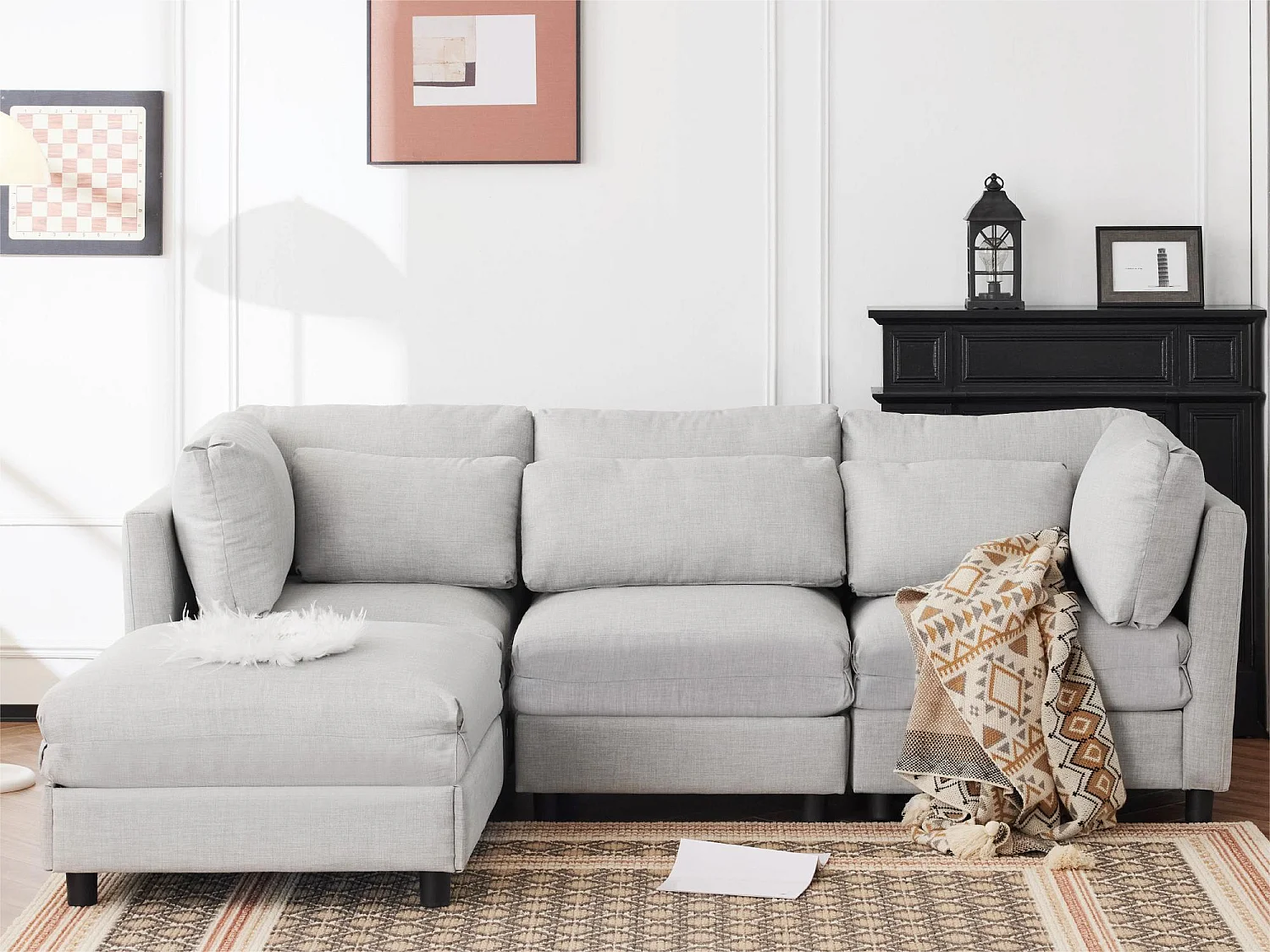 Canapé d'angle 3 places avec repose-pieds amovible - super moelleux et doux - Gris