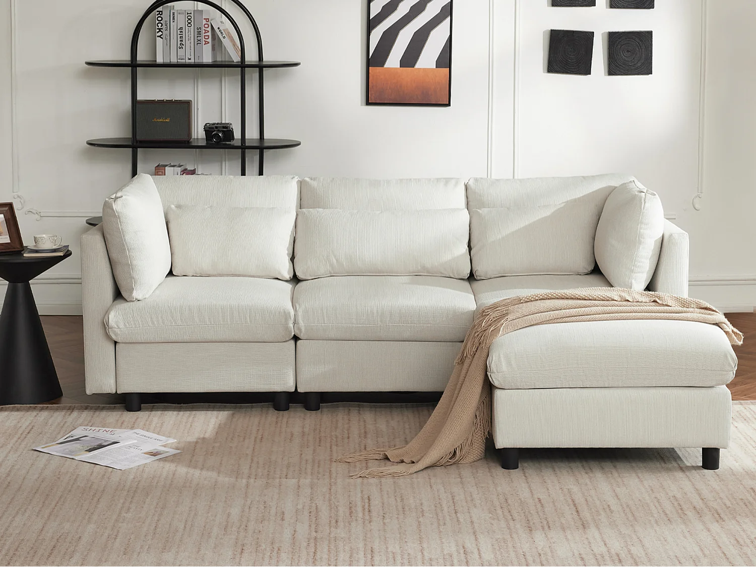 Kanapa narożna 3-osobowa z odpinanym podnóżkiem - super miękka i delikatna - beżowa