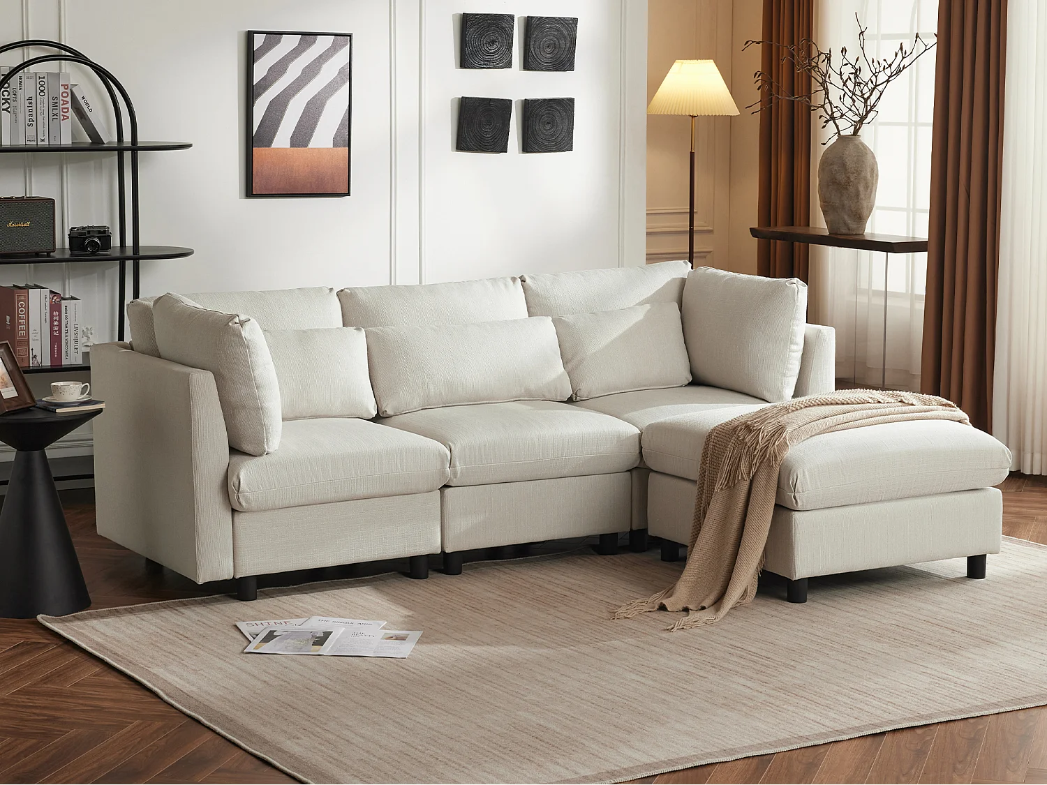 Kanapa narożna 3-osobowa z odpinanym podnóżkiem - super miękka i delikatna - beżowa