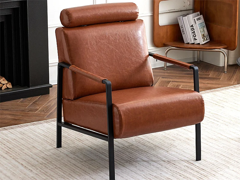 Fauteuil moderne en similicuir avec appui-tête réglable pour salon - structure en fer - Marron