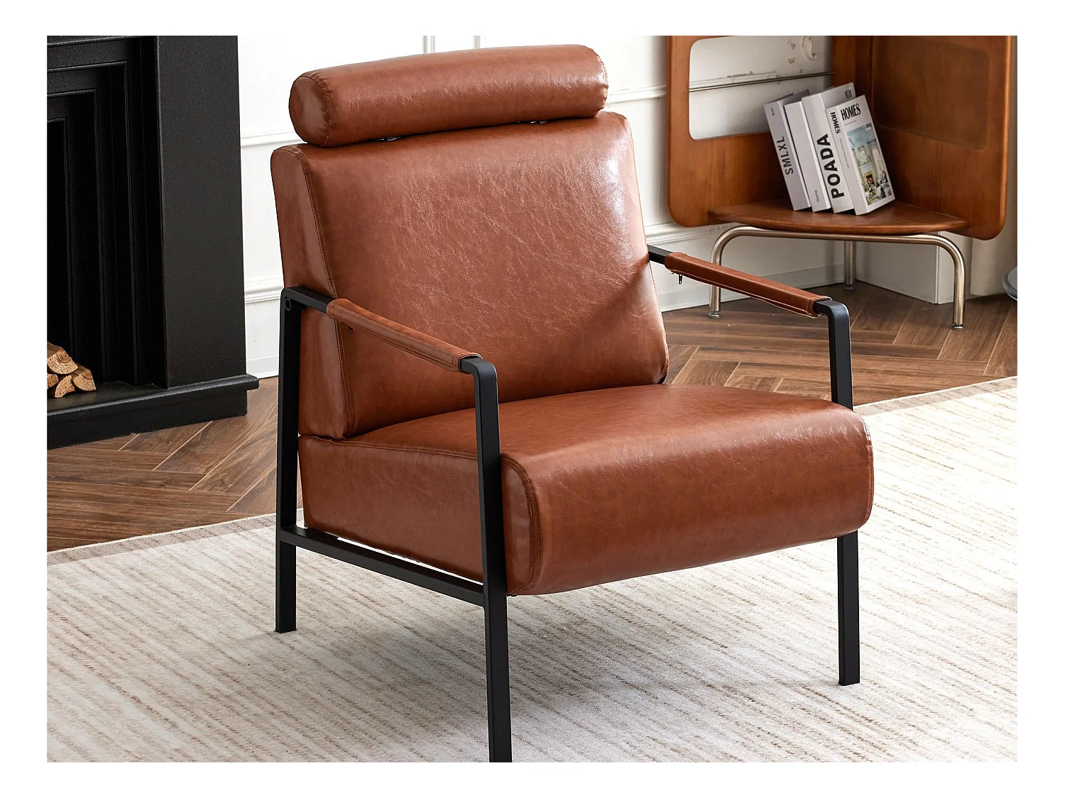 Fauteuil moderne en similicuir avec appui-tête réglable pour salon - structure en fer - Marron