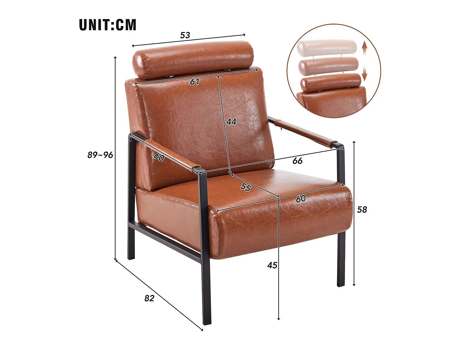 Fauteuil moderne en similicuir avec appui-tête réglable pour salon - structure en fer - Marron