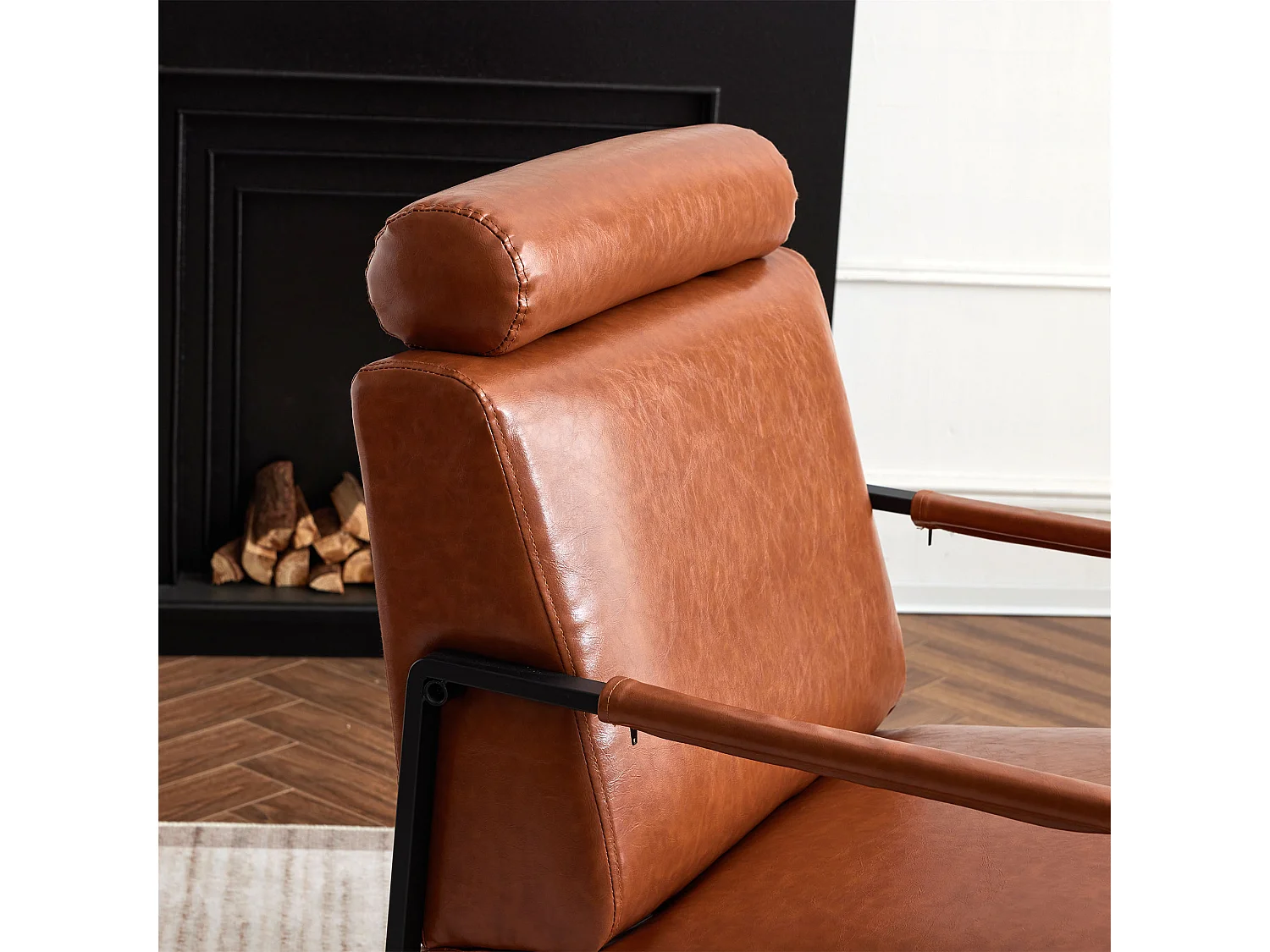 Fauteuil moderne en similicuir avec appui-tête réglable pour salon - structure en fer - Marron