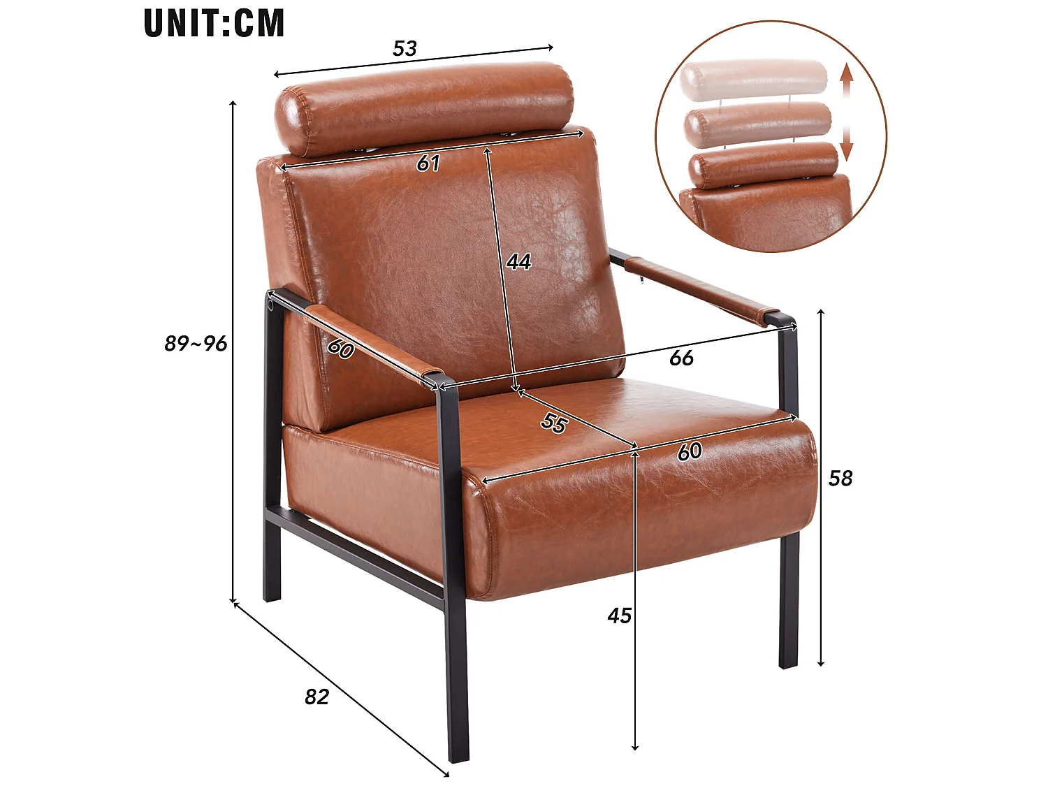 Fauteuil moderne en similicuir avec appui-tête réglable pour salon - structure en fer - Marron