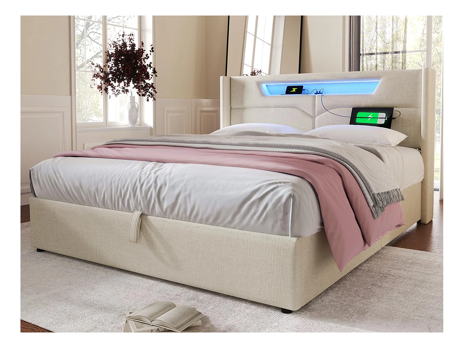 Lit coffre 140x200cm rembourré en tissu lin - avec LED et Ports de charge - avec sommier à lattes - Beige