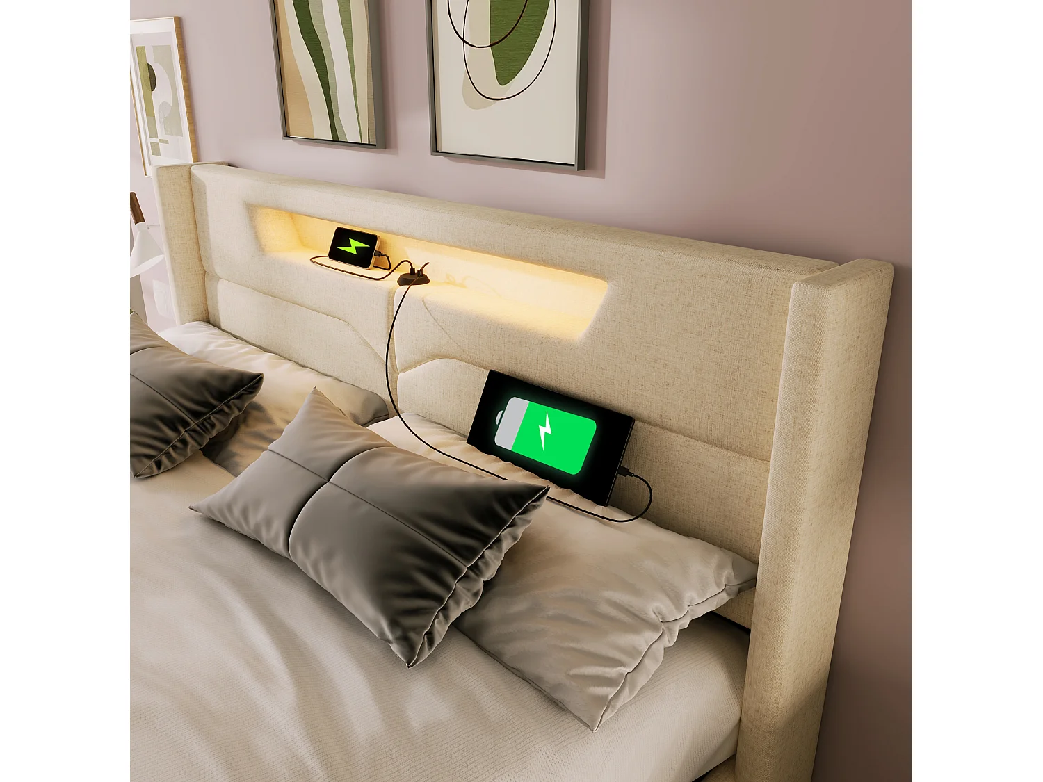 Letto contenitore 140x200 cm rivestito in tessuto di lino - con LED e prese di ricarica - con rete a doghe - Beige