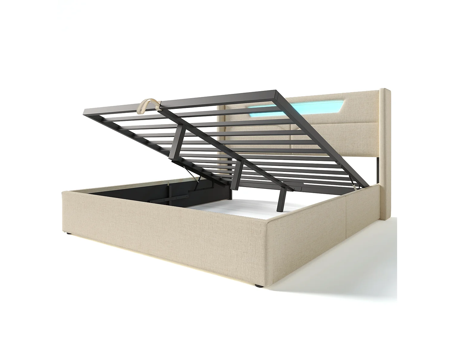 Letto contenitore 140x200 cm rivestito in tessuto di lino - con LED e prese di ricarica - con rete a doghe - Beige