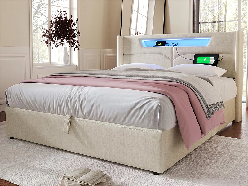 Lit coffre 140x200cm rembourré en tissu lin - avec LED et Ports de charge - avec sommier à lattes - Beige
