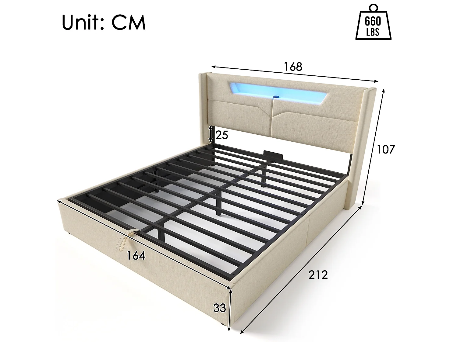 Lit coffre 160x200cm rembourré en tissu lin - avec LED et Ports de charge - avec sommier à lattes - Beige