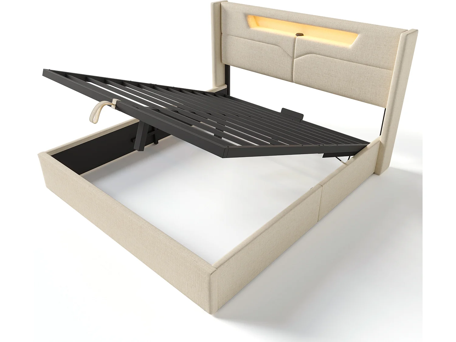 Lit coffre 160x200cm rembourré en tissu lin - avec LED et Ports de charge - avec sommier à lattes - Beige