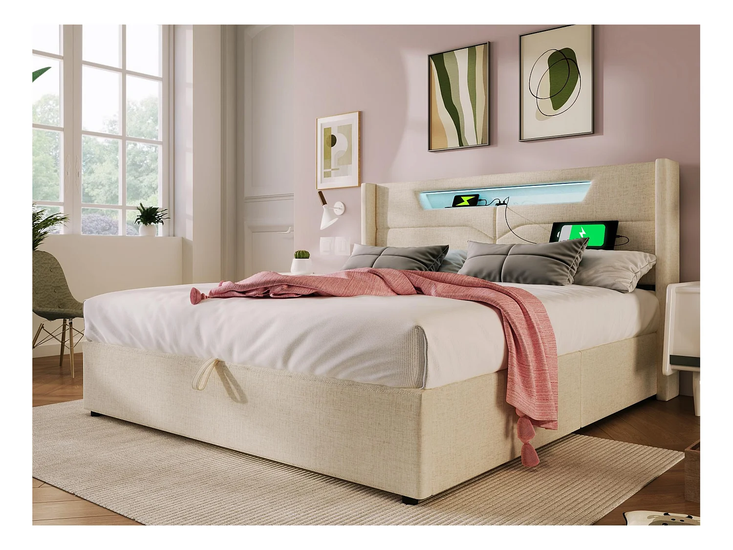 Opbergbed 160x200cm gestoffeerd in linnenstof - met LED en oplaadpoorten - met lattenbodem - Beige