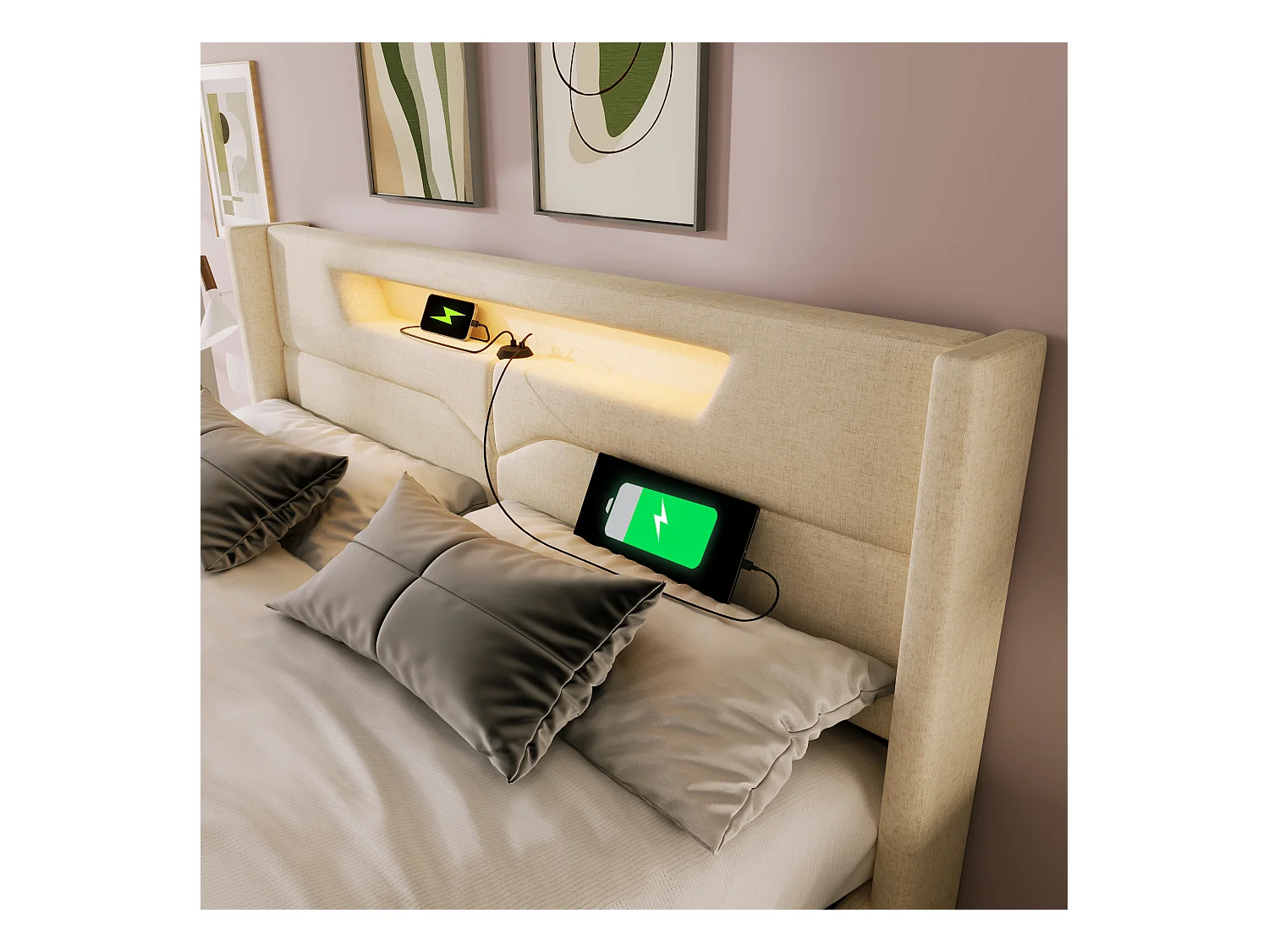 Lit coffre 160x200cm rembourré en tissu lin - avec LED et Ports de charge - avec sommier à lattes - Beige