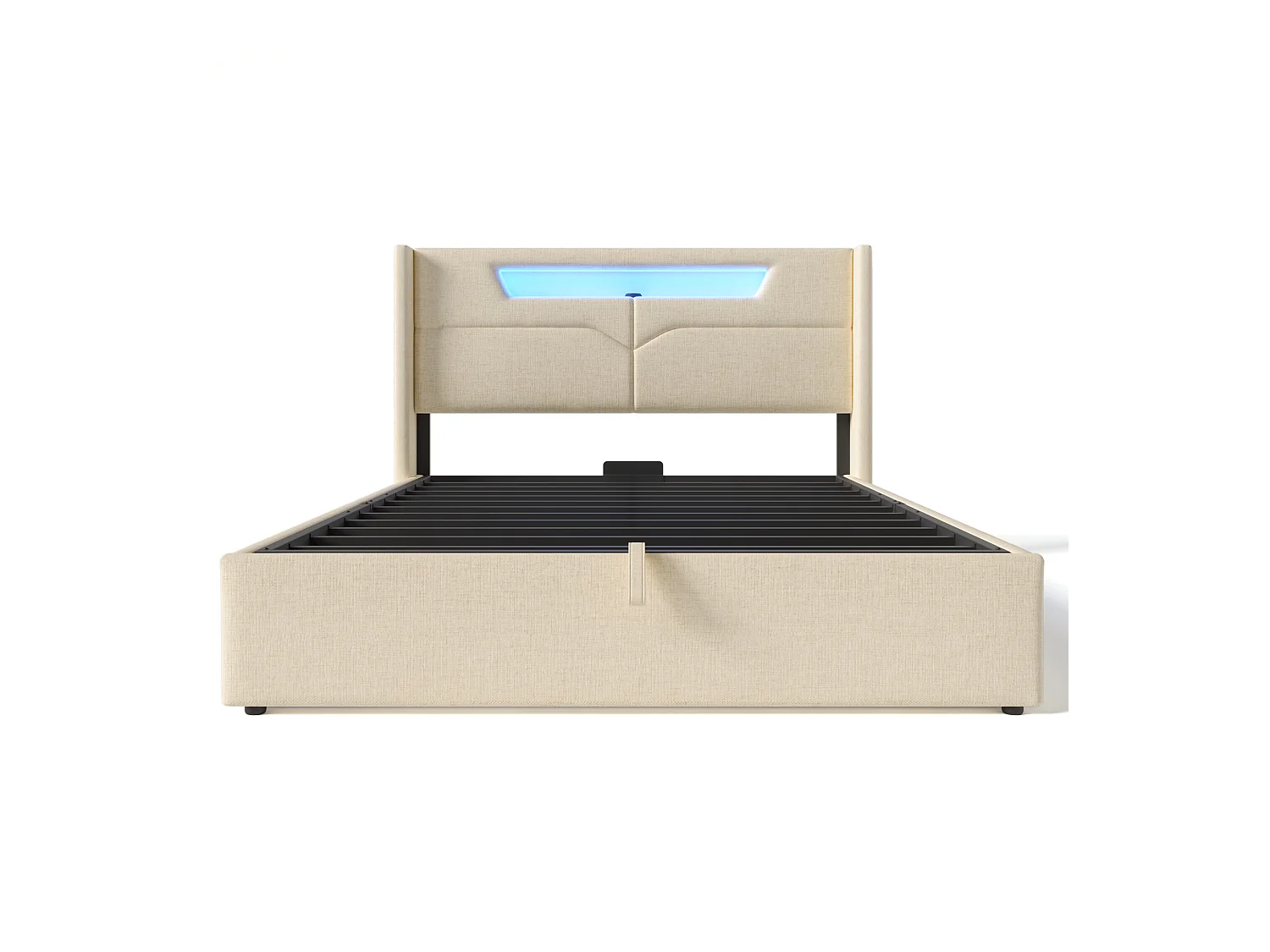 Lit coffre 160x200cm rembourré en tissu lin - avec LED et Ports de charge - avec sommier à lattes - Beige