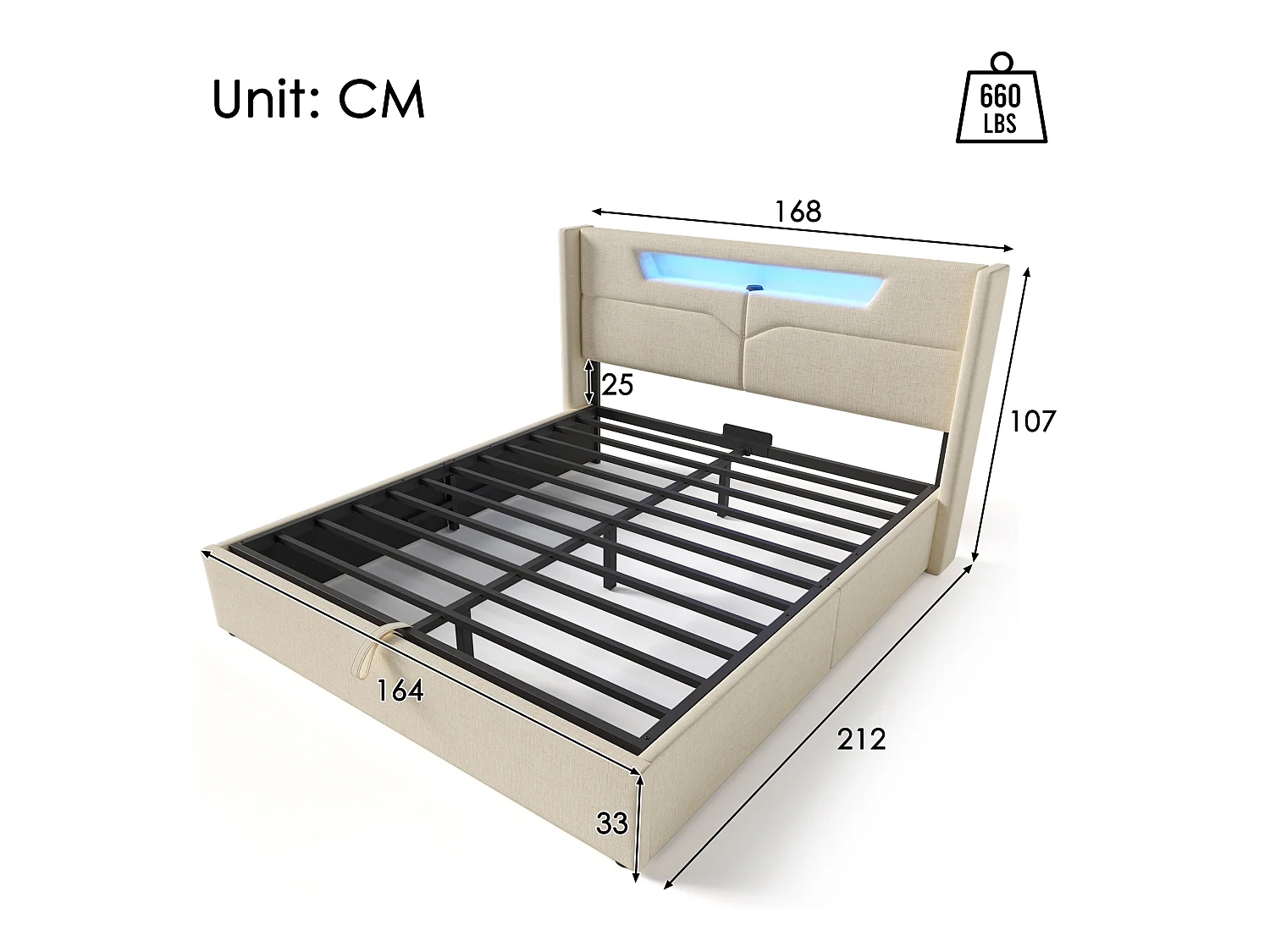 Lit coffre 160x200cm rembourré en tissu lin - avec LED et Ports de charge - avec sommier à lattes - Beige