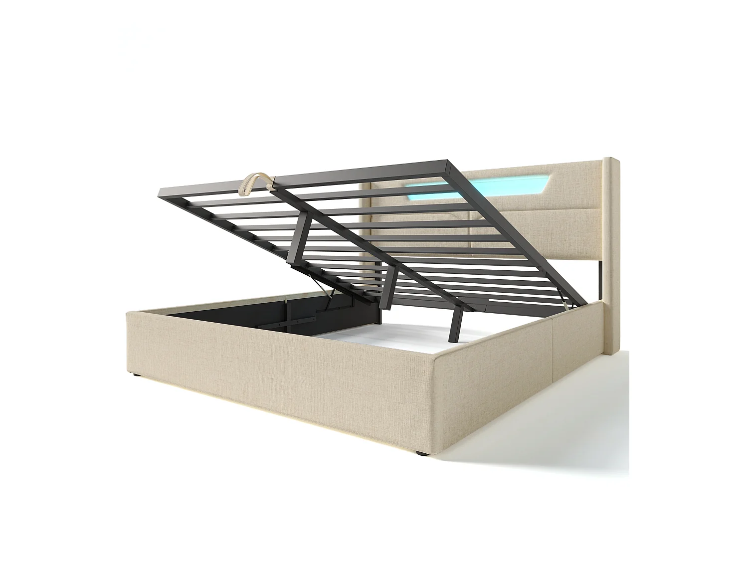 Lit coffre 160x200cm rembourré en tissu lin - avec LED et Ports de charge - avec sommier à lattes - Beige