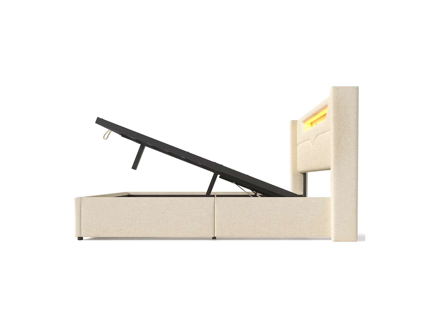Lit coffre 160x200cm rembourré en tissu lin - avec LED et Ports de charge - avec sommier à lattes - Beige