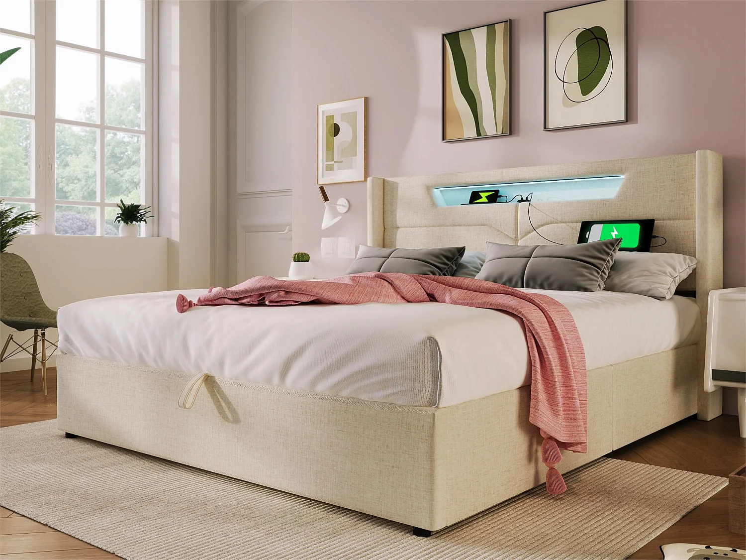 Opbergbed 160x200cm gestoffeerd in linnenstof - met LED en oplaadpoorten - met lattenbodem - Beige