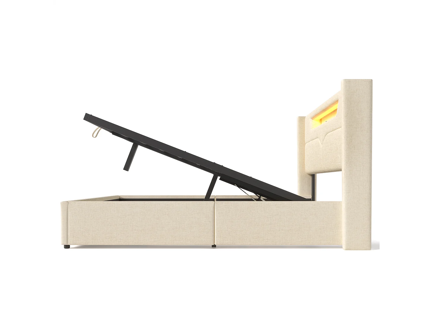 Opbergbed 160x200cm gestoffeerd in linnenstof - met LED en oplaadpoorten - met lattenbodem - Beige