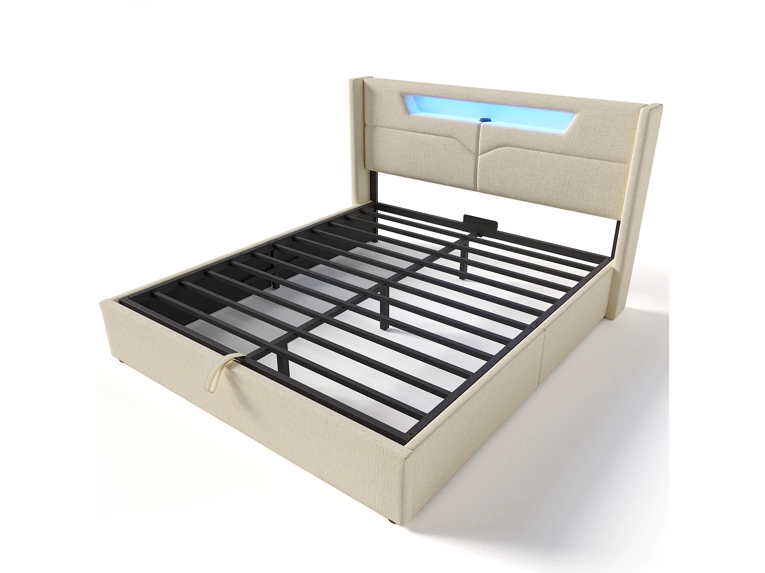 Opbergbed 160x200cm gestoffeerd in linnenstof - met LED en oplaadpoorten - met lattenbodem - Beige