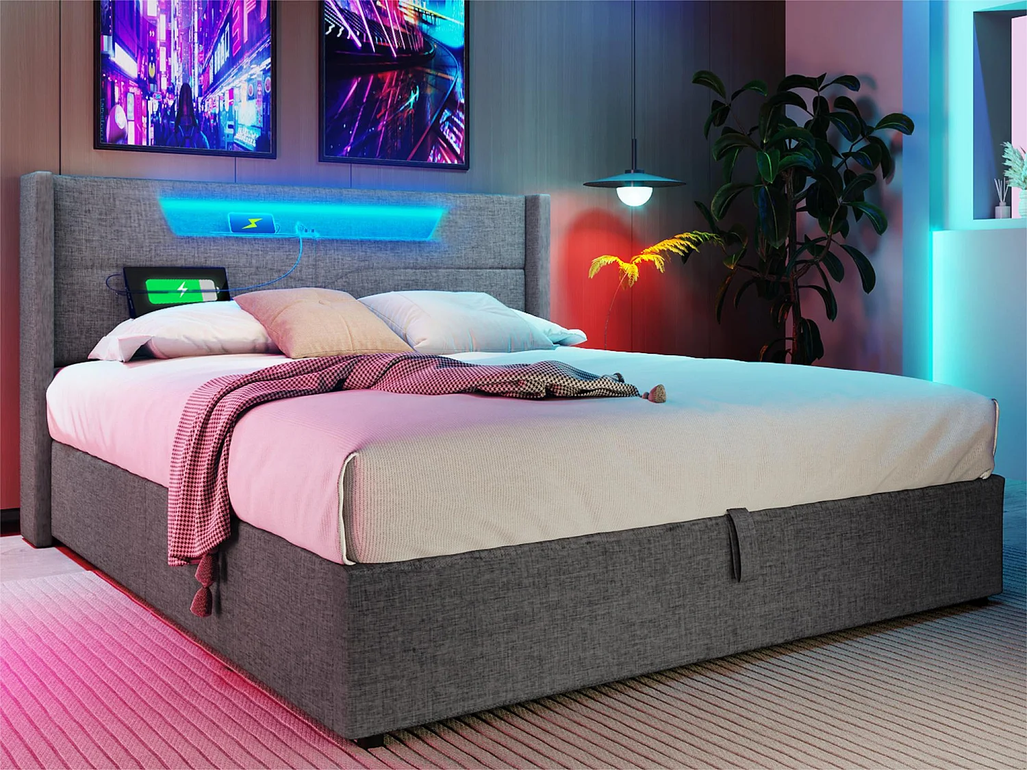 Bett mit Stauraum, 160 x 200 cm, gepolstert mit Leinenstoff – mit LED und Ladeanschlüssen – mit Lattenrost – Grau