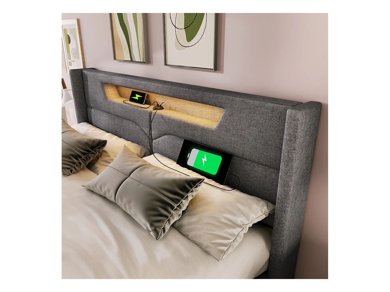 Bett mit Stauraum, 160 x 200 cm, gepolstert mit Leinenstoff – mit LED und Ladeanschlüssen – mit Lattenrost – Grau