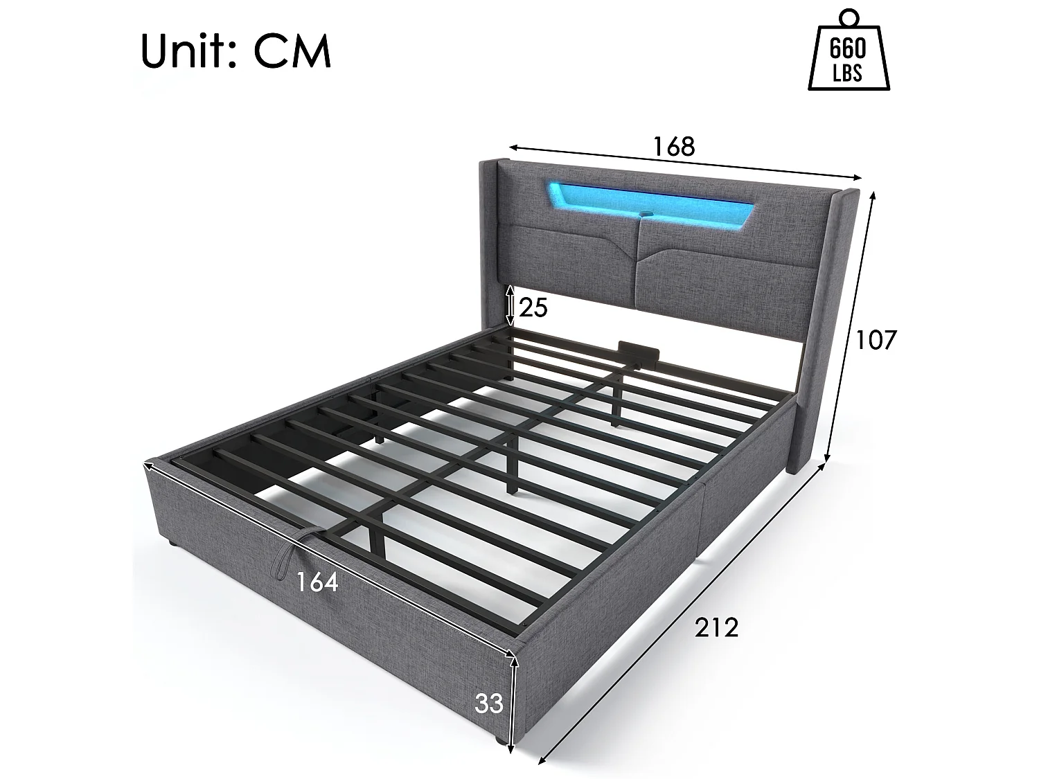 Bett mit Stauraum, 160 x 200 cm, gepolstert mit Leinenstoff – mit LED und Ladeanschlüssen – mit Lattenrost – Grau