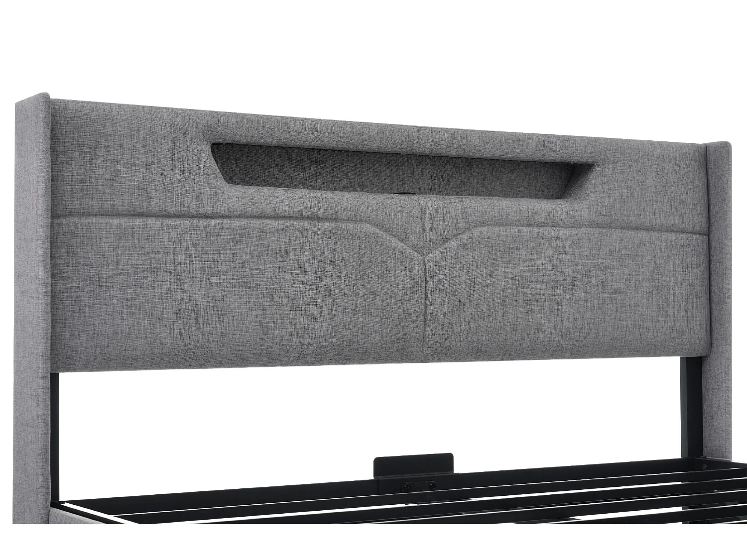 Bett mit Stauraum, 160 x 200 cm, gepolstert mit Leinenstoff – mit LED und Ladeanschlüssen – mit Lattenrost – Grau