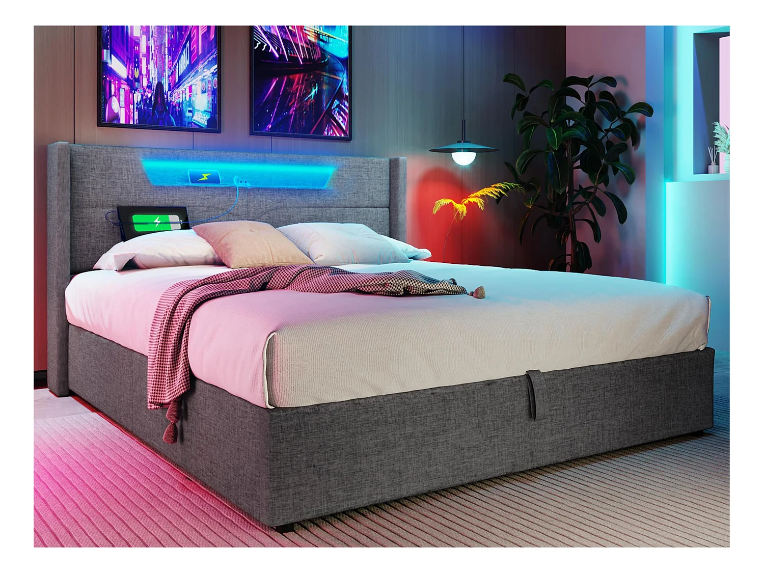 Lit coffre 160x200cm rembourré en tissu lin - avec LED et Ports de charge - avec sommier à lattes - Gris