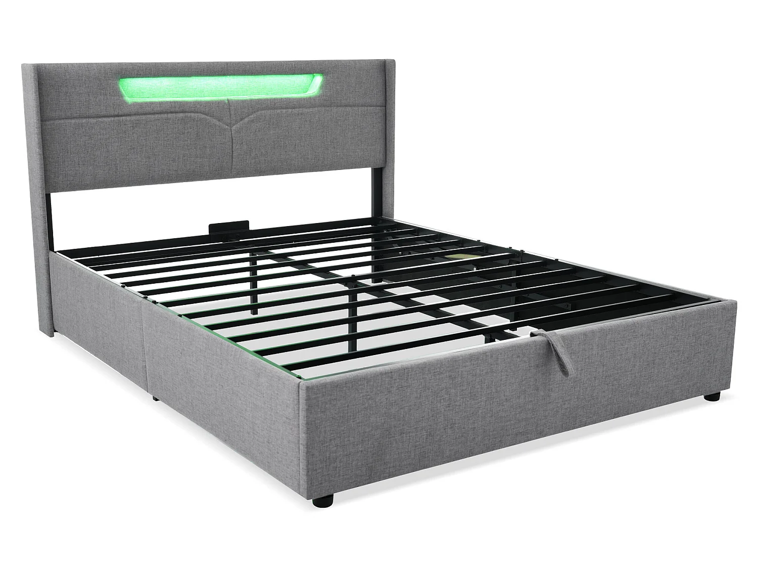 Lit coffre 160x200cm rembourré en tissu lin - avec LED et Ports de charge - avec sommier à lattes - Gris