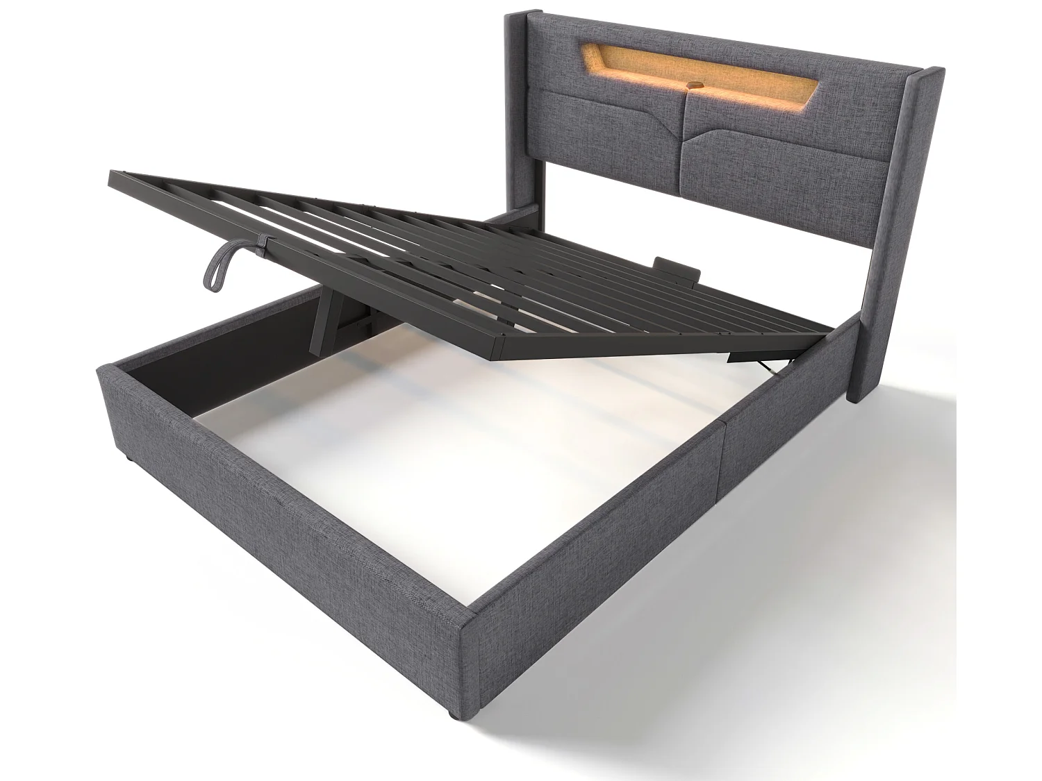 Lit coffre 160x200cm rembourré en tissu lin - avec LED et Ports de charge - avec sommier à lattes - Gris