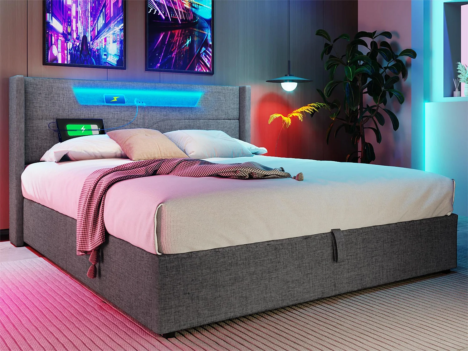 Lit coffre 140x200cm rembourré en tissu lin - avec LED et Ports de charge - avec sommier à lattes - Gris