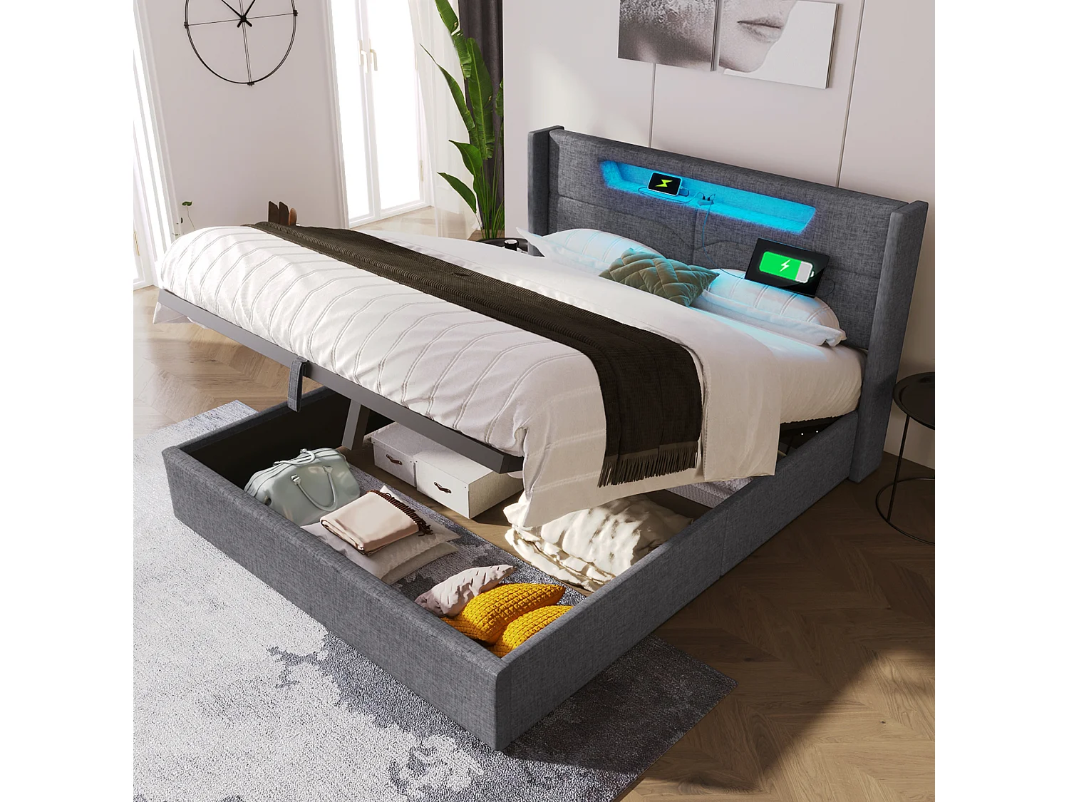 Lit coffre 140x200cm rembourré en tissu lin - avec LED et Ports de charge - avec sommier à lattes - Gris