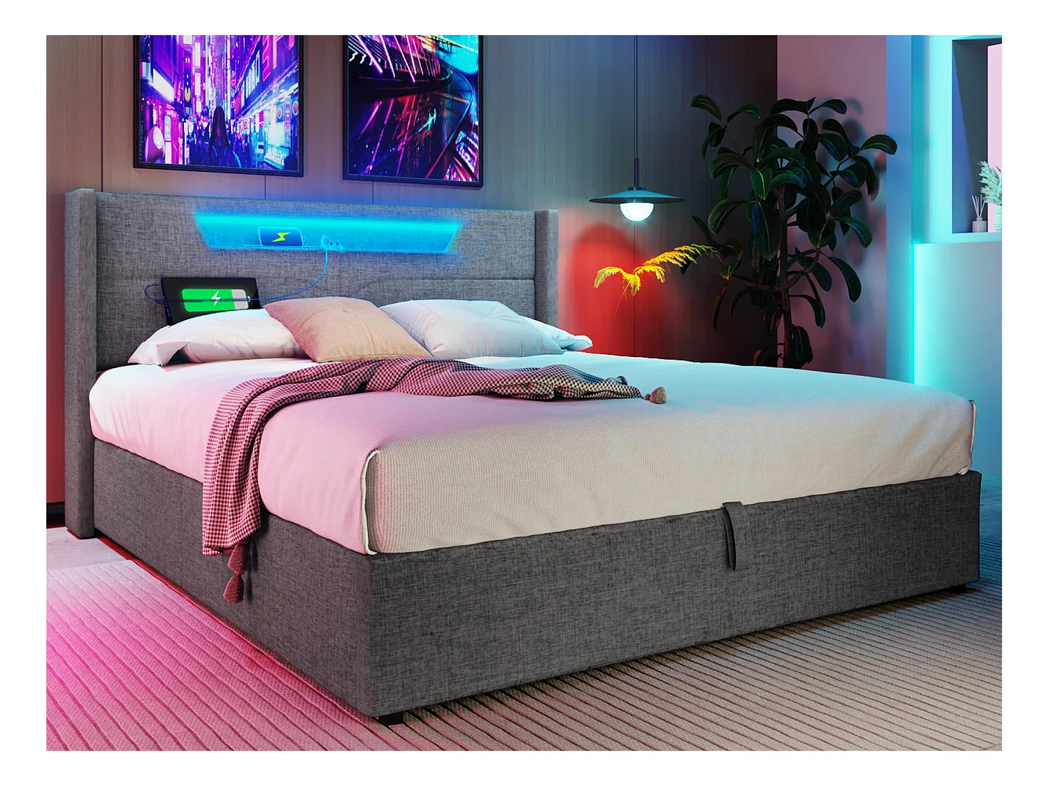 Lit coffre 140x200cm rembourré en tissu lin - avec LED et Ports de charge - avec sommier à lattes - Gris