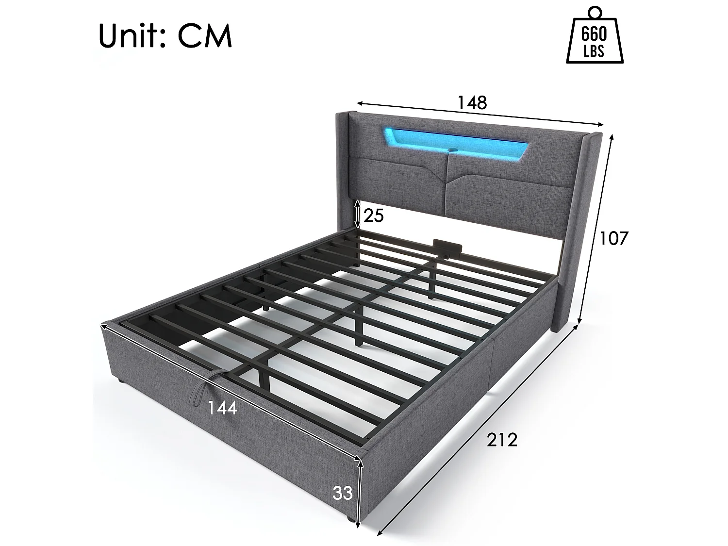 Łóżko tapicerowane 140x200cm z tkaniny lnianej - z LED i portami ładowania - z stelażem na listwach - Szare