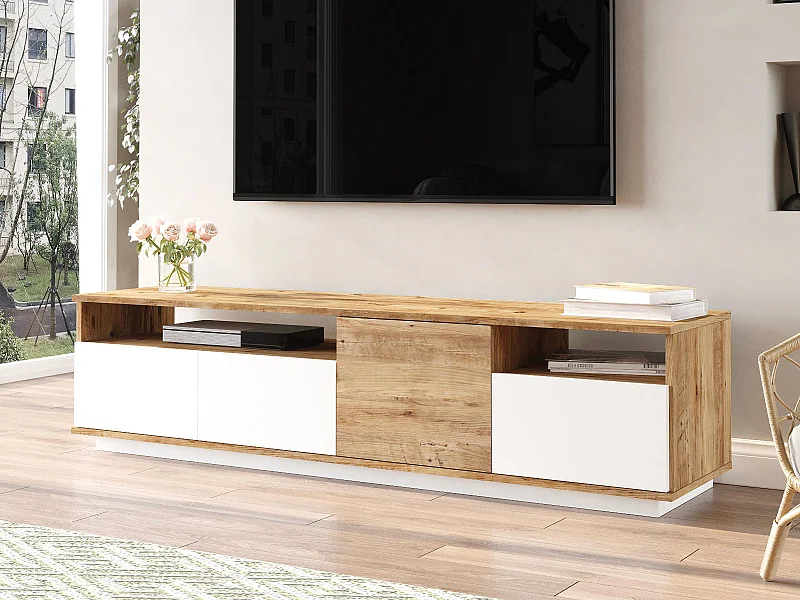 Móvel de TV 4 portas e 2 prateleiras natural claro e branco - CEDONA