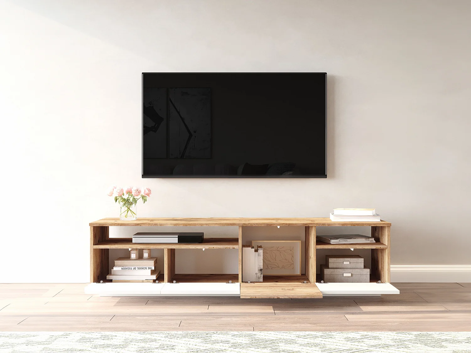 TV-Möbel mit 4 Türen & 2 Regalen - Holzfarben hell & Weiß - CEDONA