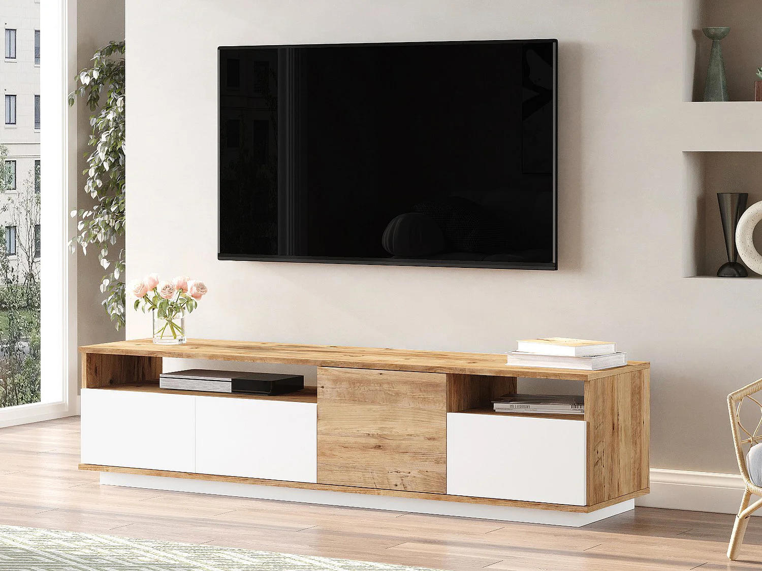 Meuble TV 4 portes et 2 étagères - Naturel clair et Blanc - CEDONA