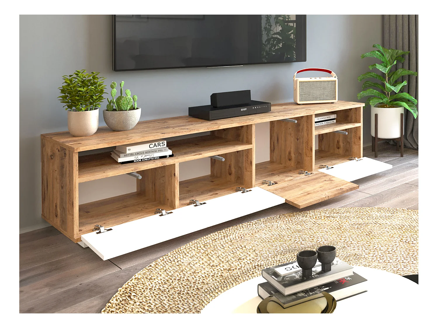 Móvel de TV 4 portas e 2 prateleiras natural claro e branco - CEDONA