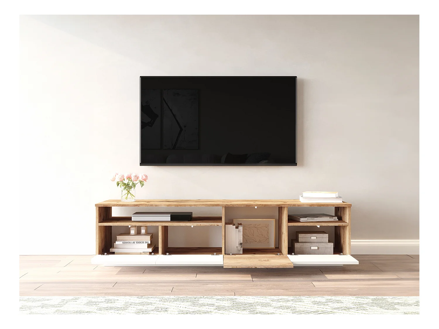 Móvel de TV 4 portas e 2 prateleiras natural claro e branco - CEDONA