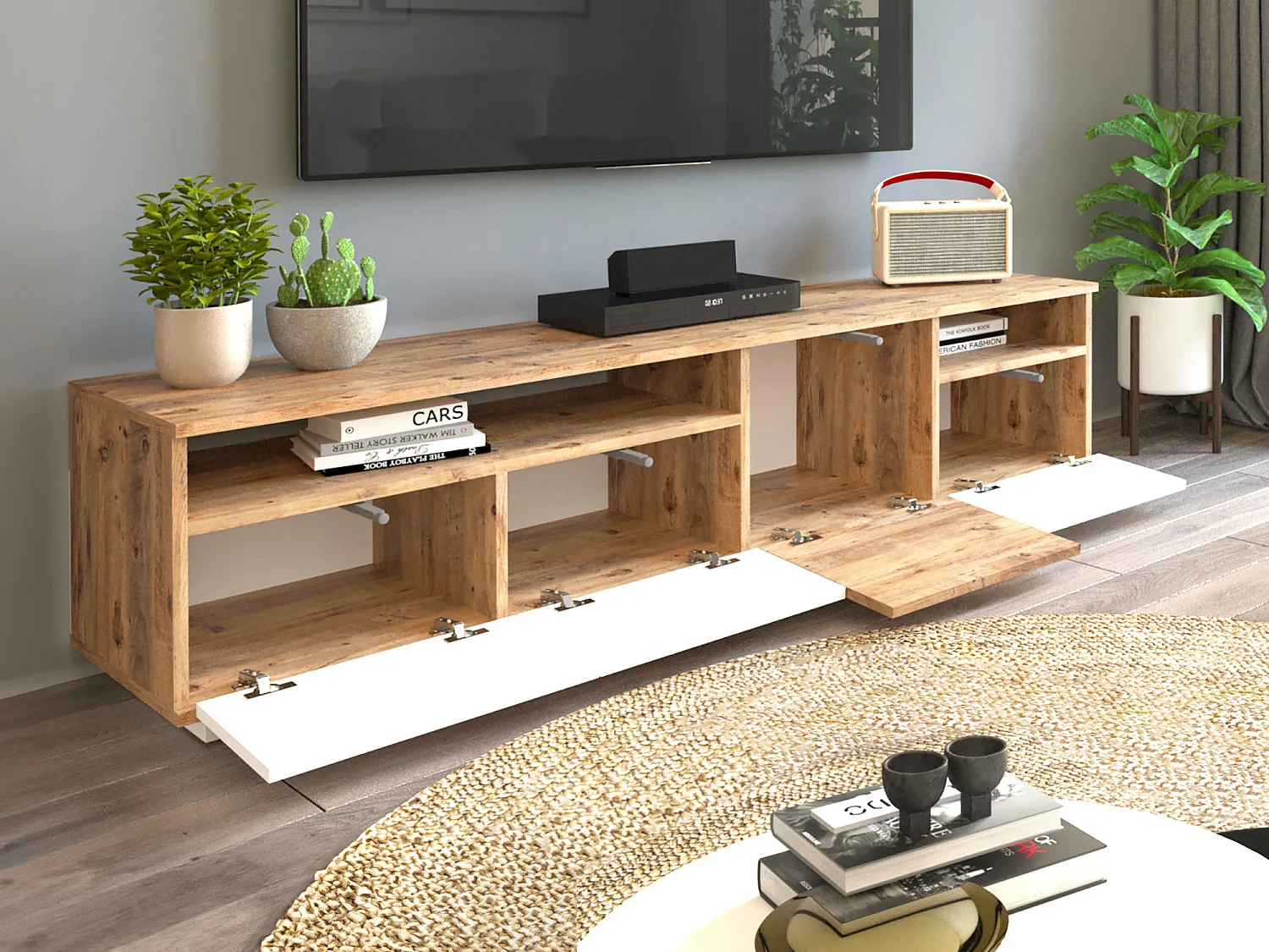 Mobile TV 4 ante e 2 ripiani Naturale chiaro e Bianco  - CEDONA