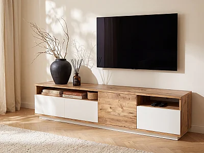 Mueble TV 4 puertas y 2 estantes - Natural claro y blanco - CEDONA