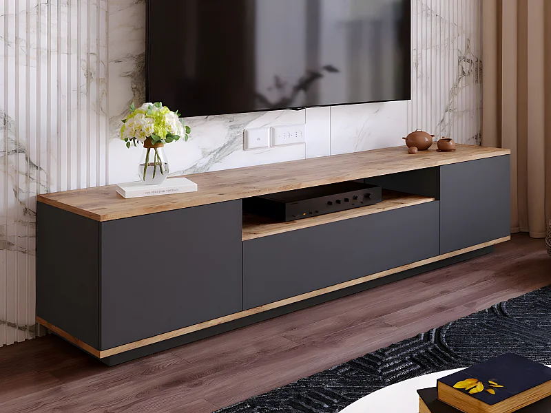 Meuble TV avec 3 portes et 1 niche - Anthracite et naturel - LOTULA