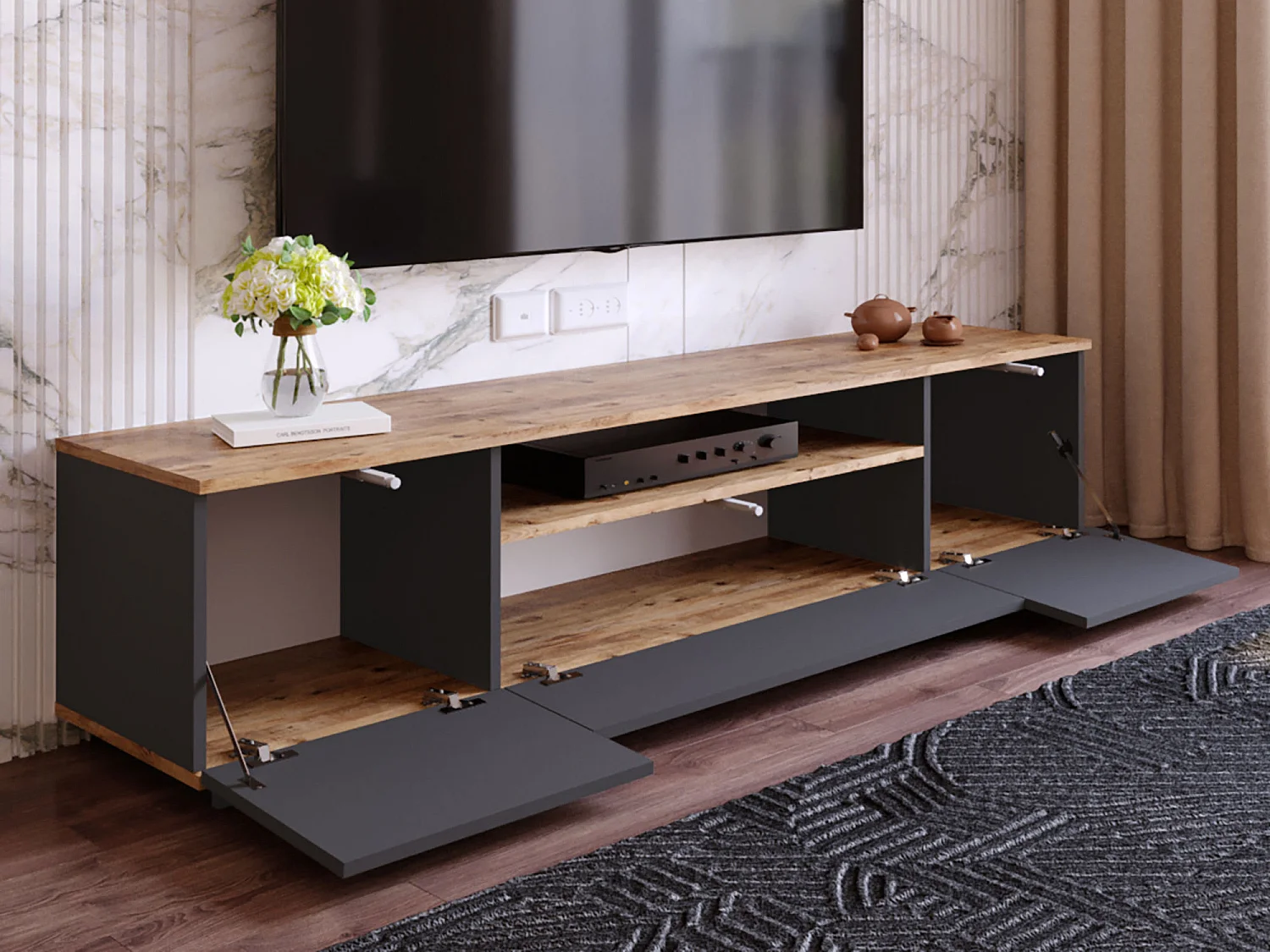 Meuble TV avec 3 portes et 1 niche - Anthracite et naturel - LOTULA