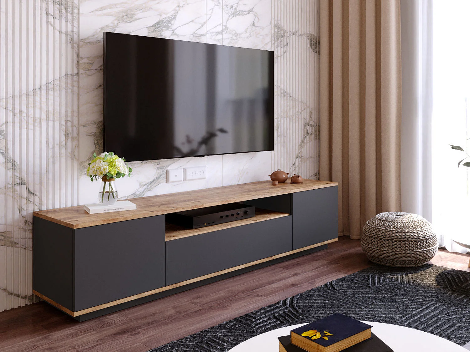 Meuble TV avec 3 portes et 1 niche - Anthracite et naturel - LOTULA