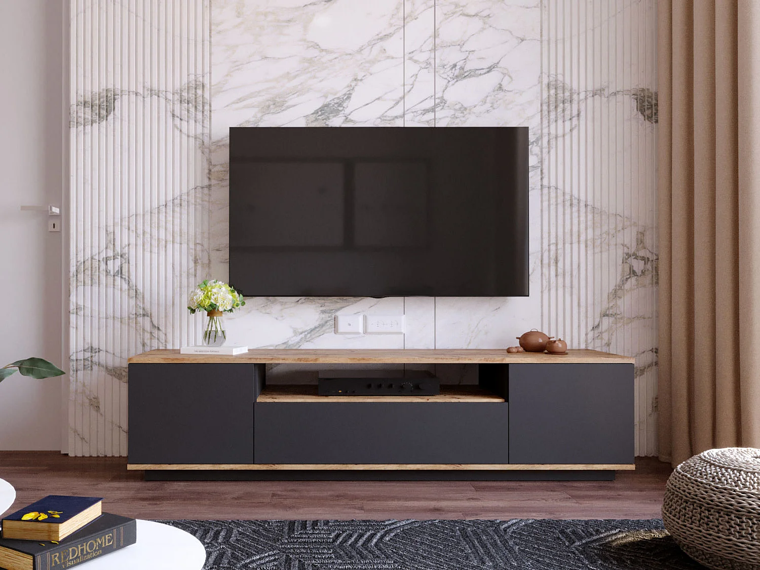 Meuble TV avec 3 portes et 1 niche - Anthracite et naturel - LOTULA